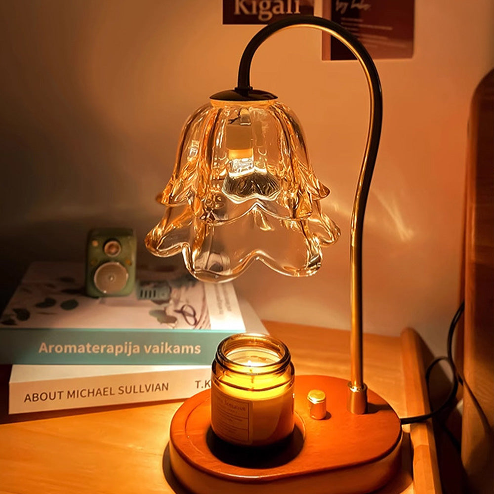 Vintage Mini Glass Flower Shape Wood Candle Warmer Lamp