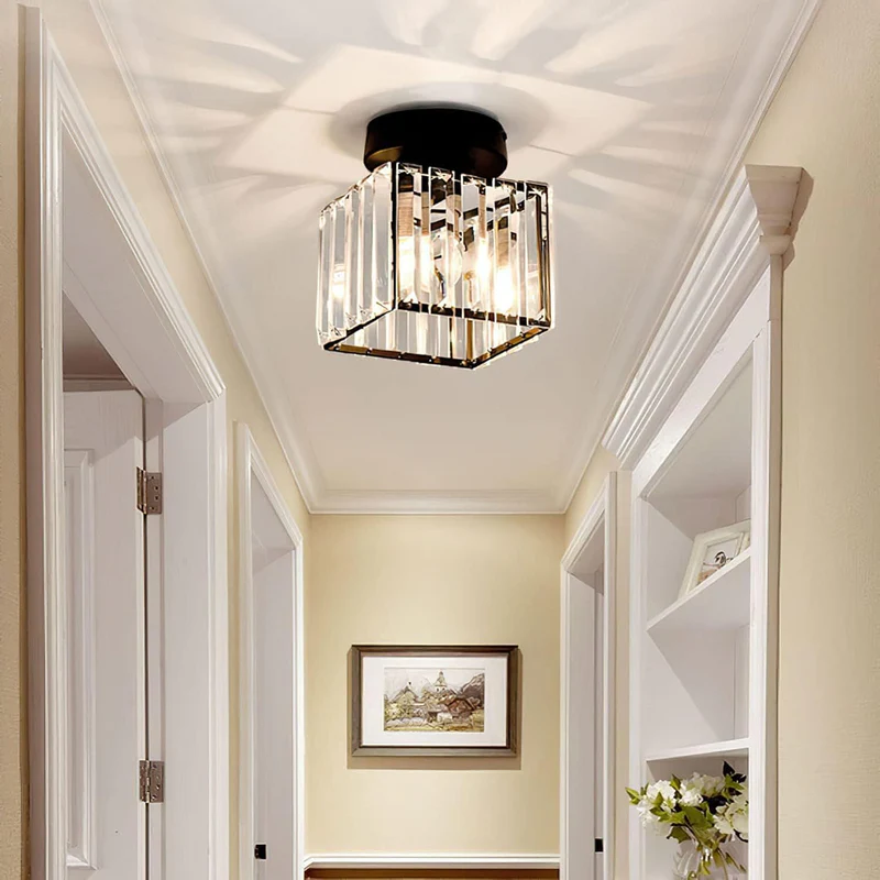 glass hallway ceiling light, crystal ceiling lamp, modern hallway lighting, black and gold ceiling light, flush mount ceiling light, E26 E27 ceiling light, hallway light fixture, entrance ceiling lamp, elegant hallway lighting, iron crystal ceiling light, CE certified light fixture, UL approved ceiling lamp, 220V hallway light, contemporary hallway lighting, small ceiling light for hallway