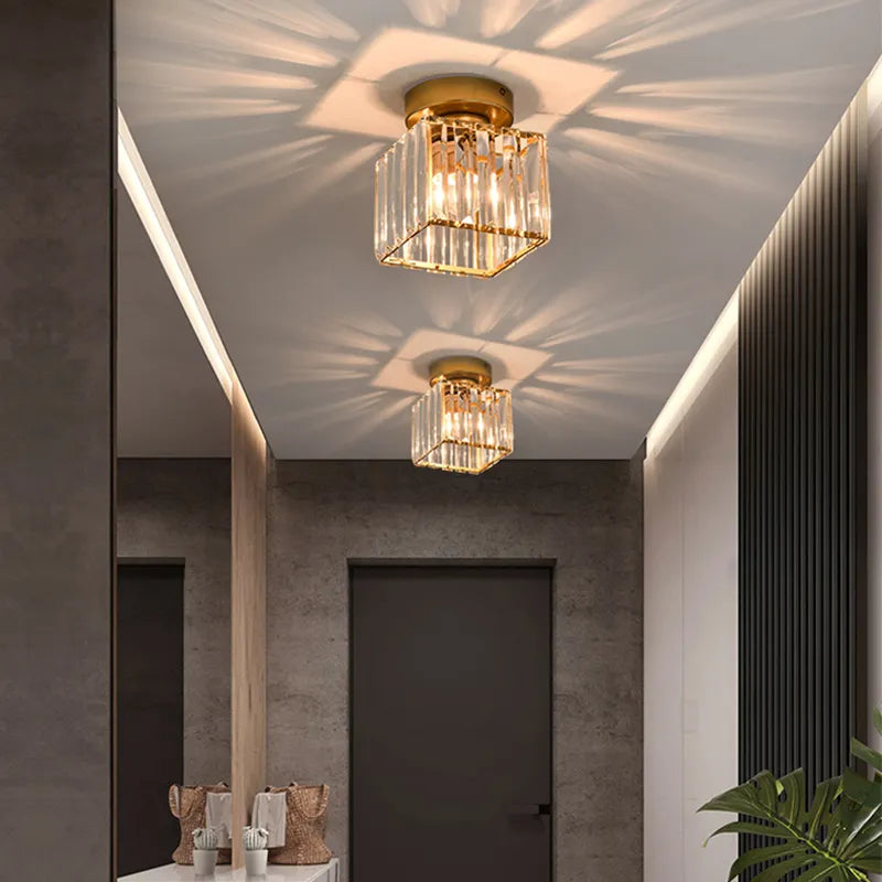 glass hallway ceiling light, crystal ceiling lamp, modern hallway lighting, black and gold ceiling light, flush mount ceiling light, E26 E27 ceiling light, hallway light fixture, entrance ceiling lamp, elegant hallway lighting, iron crystal ceiling light, CE certified light fixture, UL approved ceiling lamp, 220V hallway light, contemporary hallway lighting, small ceiling light for hallway