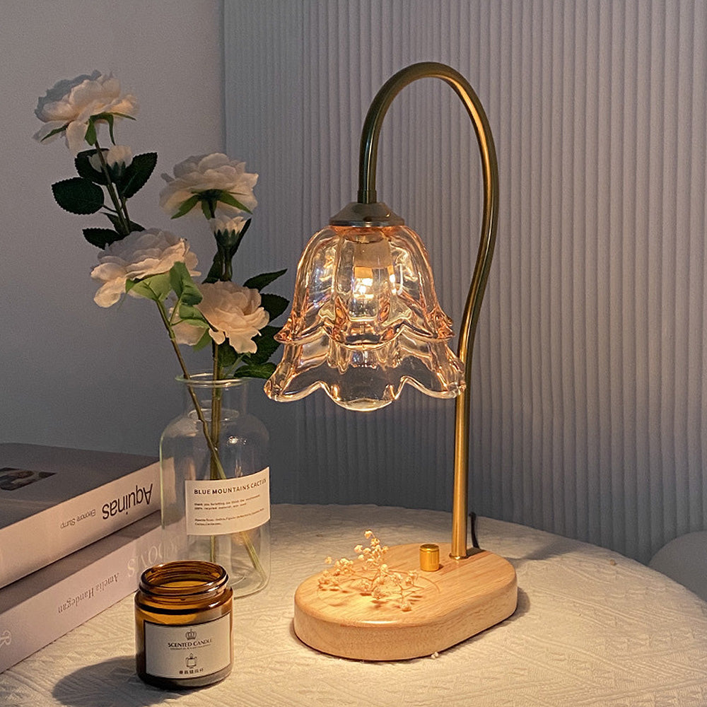 vintage candle warmer, glass flower lamp, wood base candle warmer, flameless candle lamp, GU10 candle warmer, adjustable brightness lamp, mini candle warmer, safe candle alternative, elegant home lighting, decorative wax warmer, dual control lamp, bedroom candle warmer, smoke-free candle lamp, CE certified warmer, cozy fragrance lamp