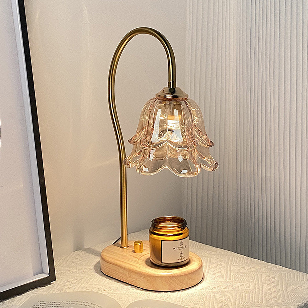vintage candle warmer, glass flower lamp, wood base candle warmer, flameless candle lamp, GU10 candle warmer, adjustable brightness lamp, mini candle warmer, safe candle alternative, elegant home lighting, decorative wax warmer, dual control lamp, bedroom candle warmer, smoke-free candle lamp, CE certified warmer, cozy fragrance lamp