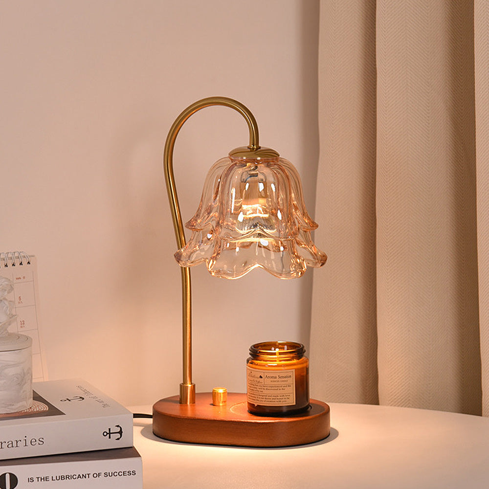 vintage candle warmer, glass flower lamp, wood base candle warmer, flameless candle lamp, GU10 candle warmer, adjustable brightness lamp, mini candle warmer, safe candle alternative, elegant home lighting, decorative wax warmer, dual control lamp, bedroom candle warmer, smoke-free candle lamp, CE certified warmer, cozy fragrance lamp