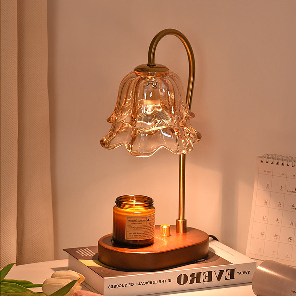 Vintage Mini Glass Flower Shape Wood Candle Warmer Lamp