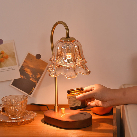 Vintage Mini Glass Flower Shape Wood Candle Warmer Lamp