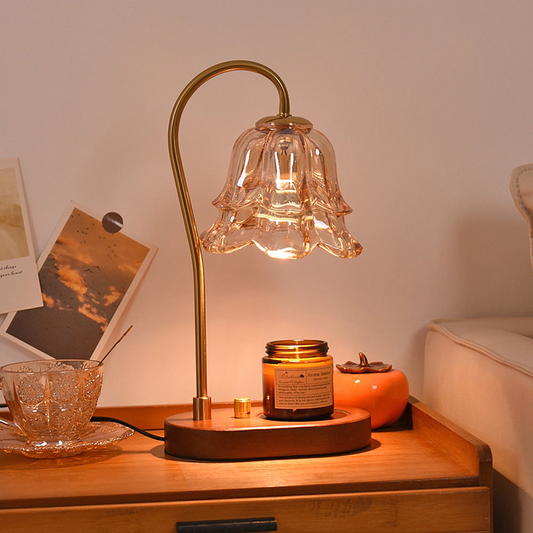 vintage candle warmer, glass flower lamp, wood base candle warmer, flameless candle lamp, GU10 candle warmer, adjustable brightness lamp, mini candle warmer, safe candle alternative, elegant home lighting, decorative wax warmer, dual control lamp, bedroom candle warmer, smoke-free candle lamp, CE certified warmer, cozy fragrance lamp